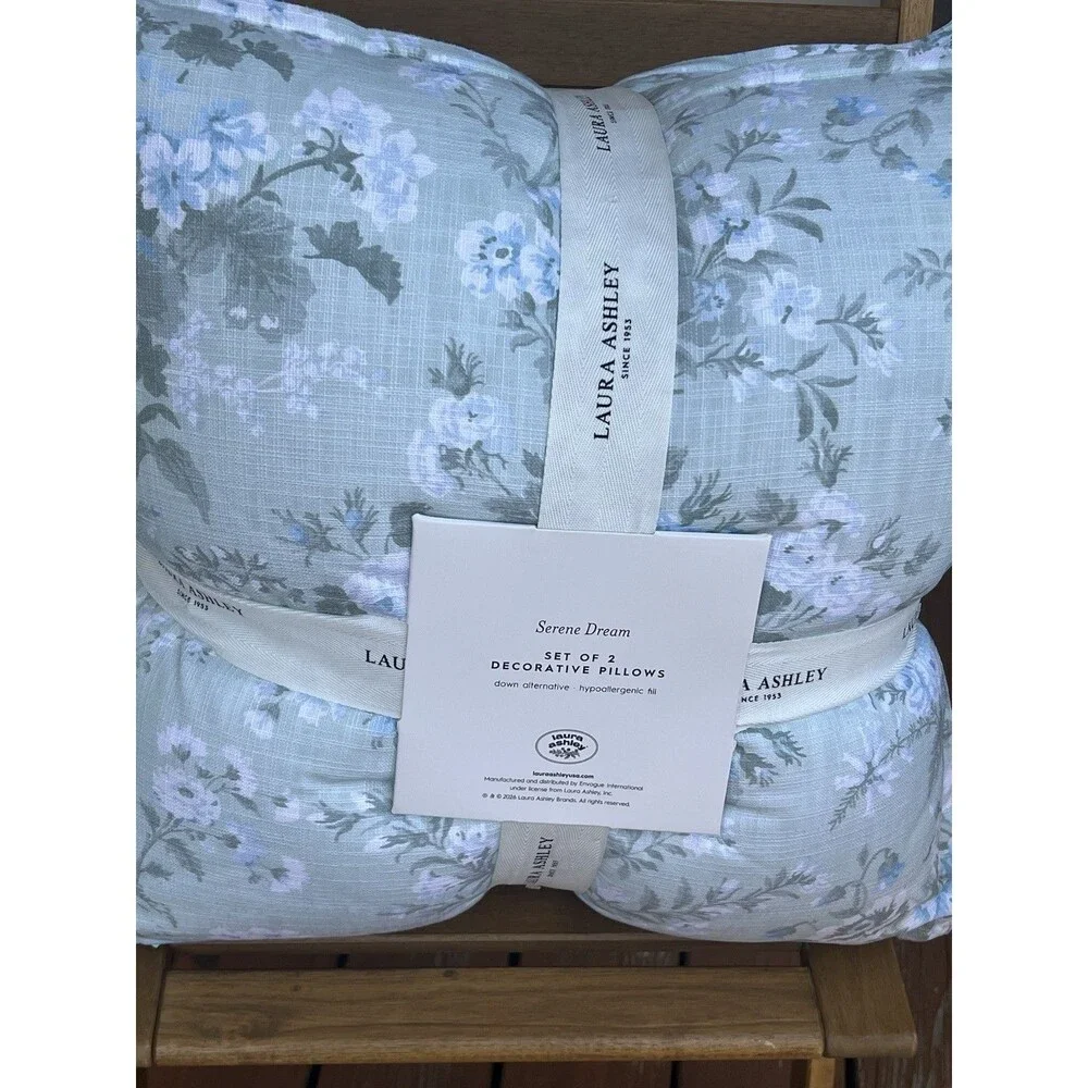 Laura Ashley Serene Dream Set of 2 Decorative Pillows Sage Green Blue Floral New